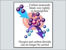 carbon monoxide binds with hemoglobin
